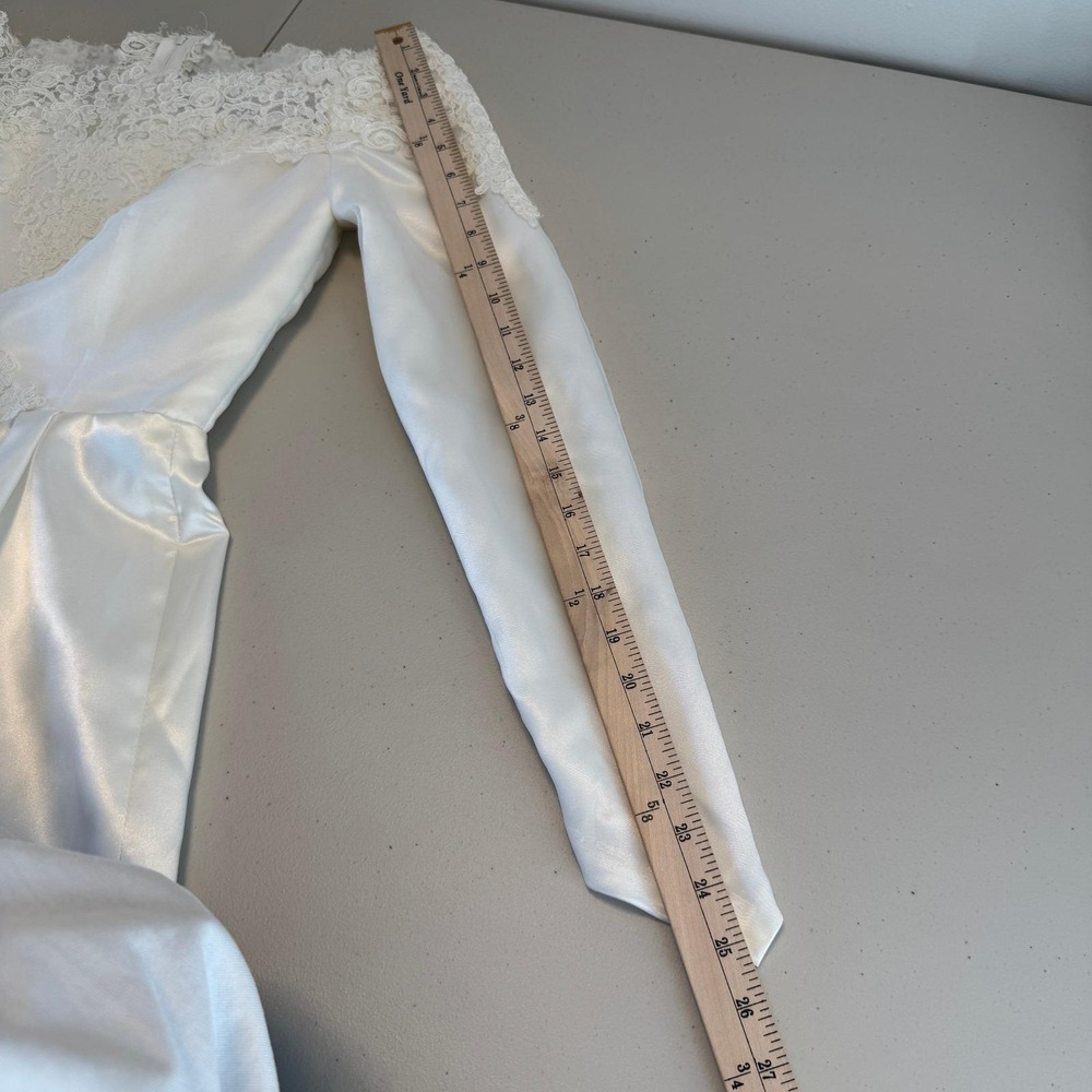 Vintage 90s Satin Lace Wedding Dress S Off Shoulder Long Sleeve Minimalist - Picture 14 of 15